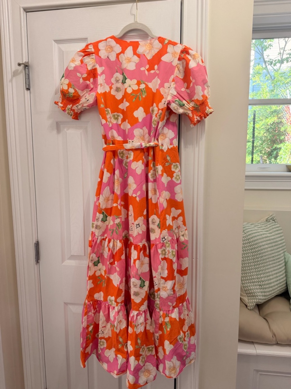 Hutch Pink and Orange Floral Wrap Midi Dress with Puff Sleeves - Picture 5 of 6